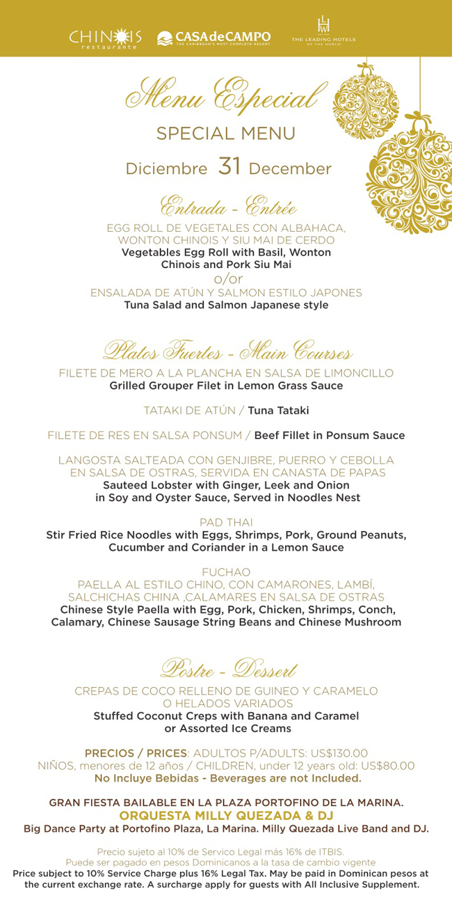 New Years Eve Special Menus at La Caña, La Casita, La Piazzetta, the