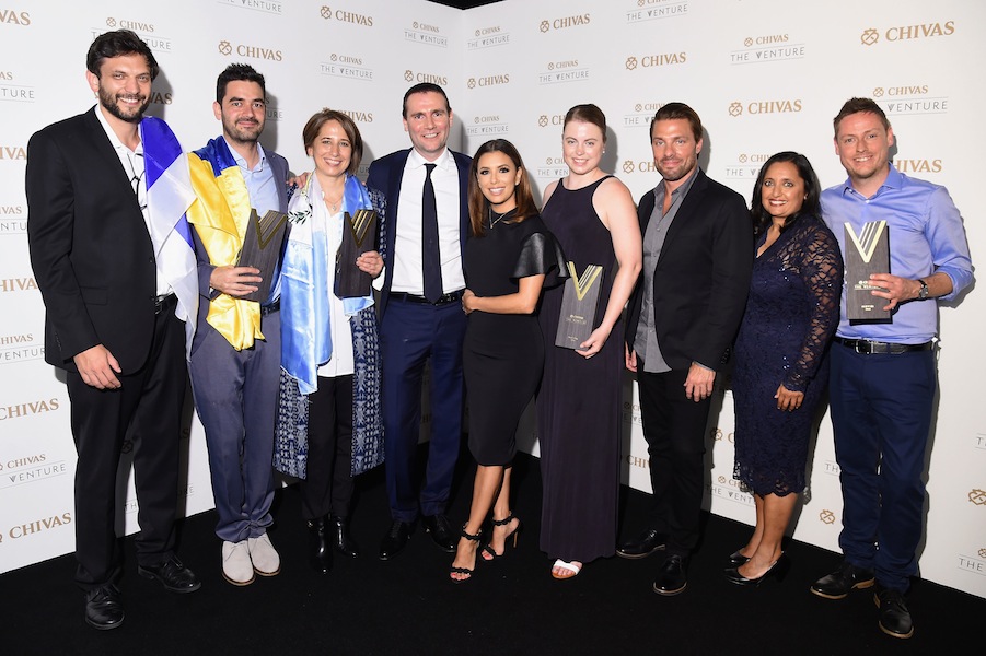 EW YORK, NY - JULY 14: Finalists, Maria Pacheco, Kenny Ewan, Or Retzkin, Julia Romer and Oscar Andres Mendez join judges, Eva Longoria, Joe Huff, Sonal Shah and Alexandre Ricard at Chivas' The Venture Final Event on July 14, 2016 in New York City. (Photo by Michael Loccisano/Getty Images for Chivas The Venture)